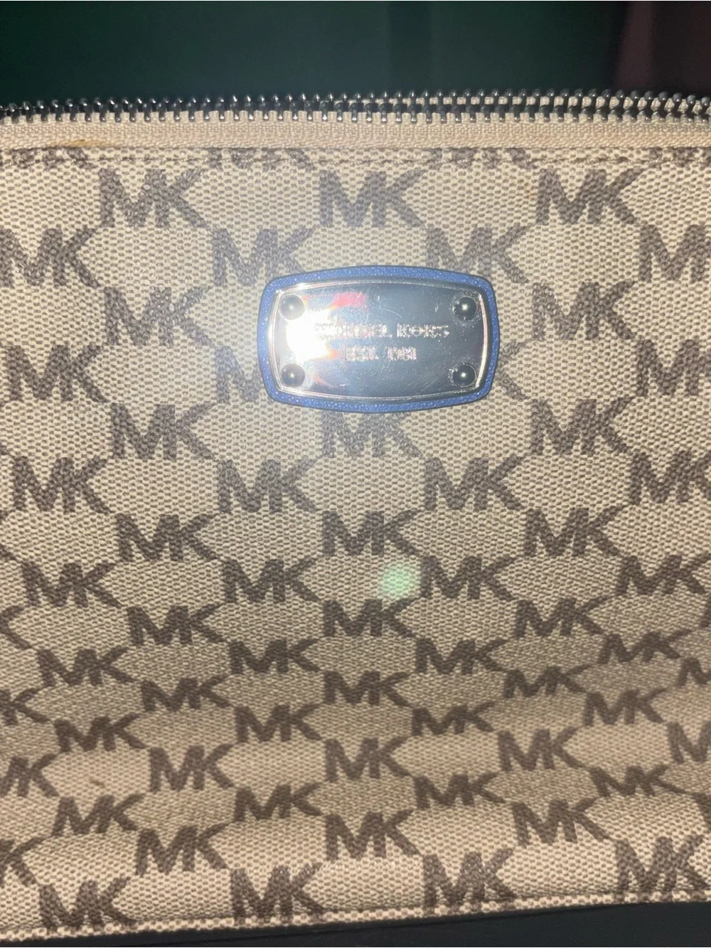 Michael Kors Beige MK Logo Crossbody with Blue Strap